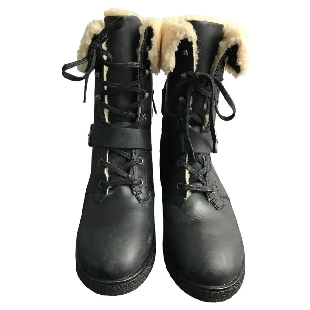 Koolaburra Boots Women 9 Gorpcore Leather Shearling Lined Lace‎ Up Side Zip Cozy
